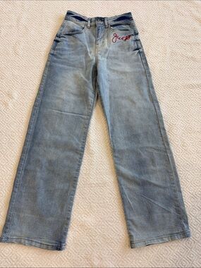 Guess Light Blue Wide-Leg Jeans with Red Script Logo
